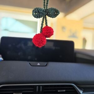 Handmade Crocheted Cherry Charm - Red & Green Car Hanging Accent